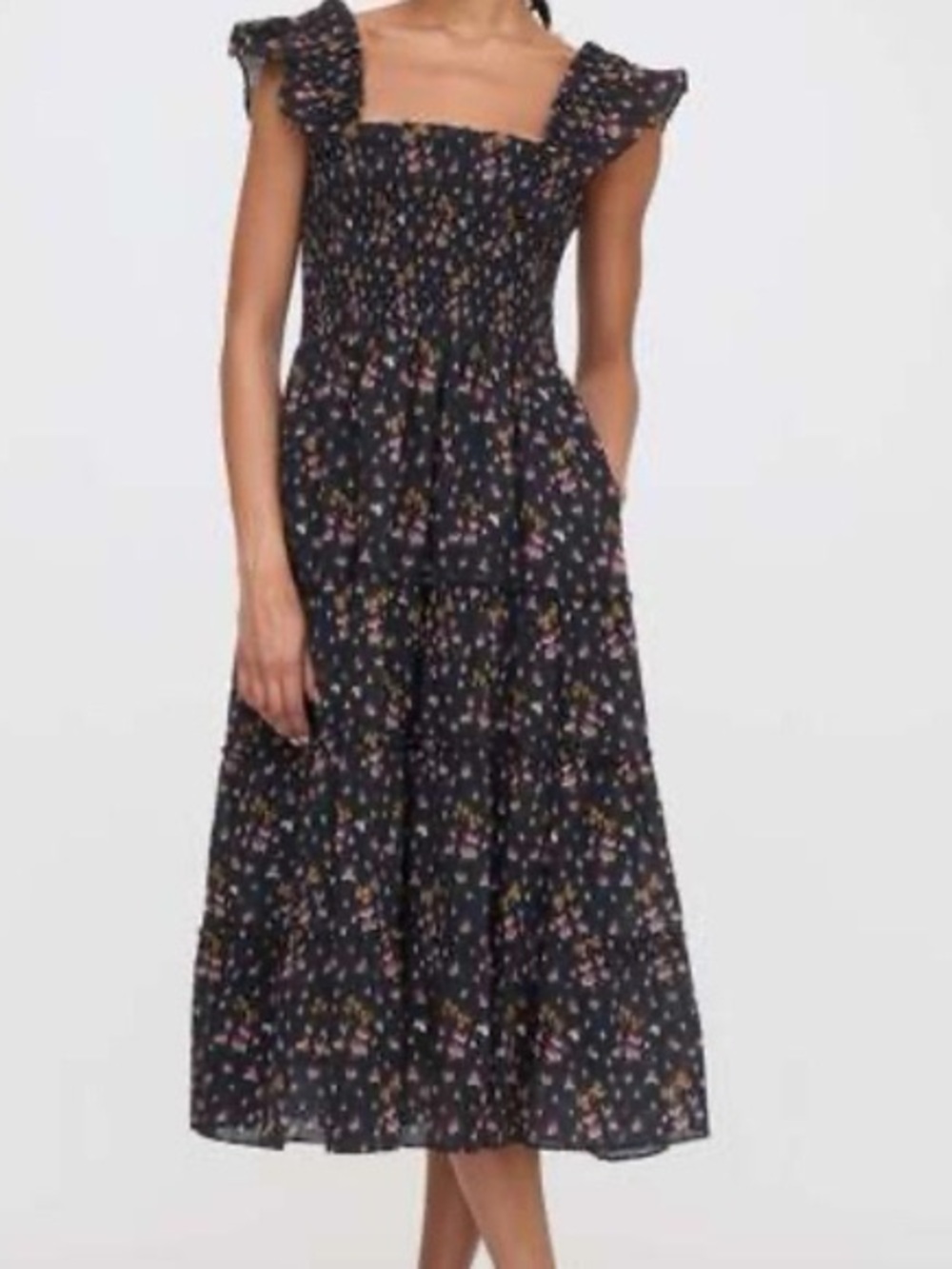Hill House Black Floral Smocked Midi Dress